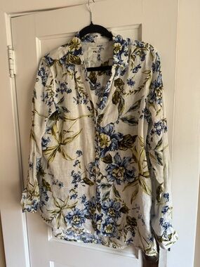 Joie Floral Button-Down Shirt in White, Blue & Green